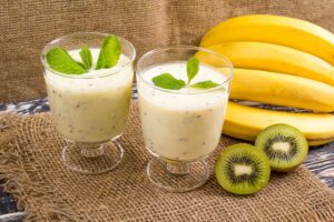 Kefir drink with banana and kiwi.