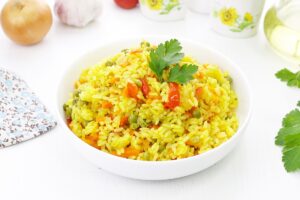 Lenten pilaf with vegetables in a pan