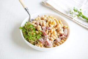 Pasta with sausage in a pan