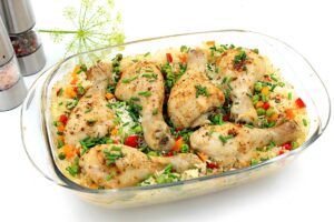 Chicken legs in the oven with rice
