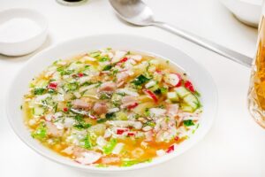 Okroshka with smoked chicken
