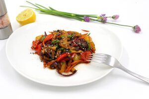 Vegetables in Teriyaki sauce in a pan