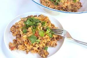 Rice with minced meat in a slow cooker