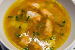 Trout soup with pearl barley